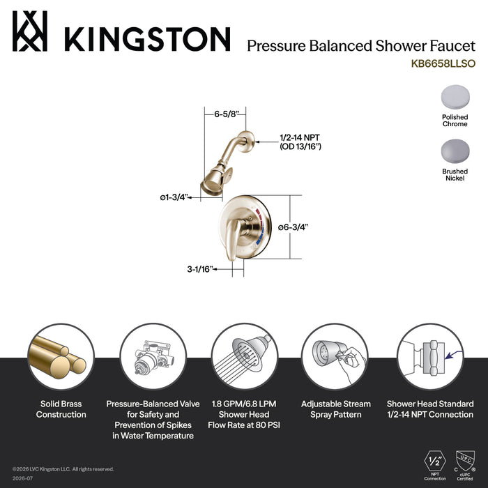 Kingston Tulare KB6651LLSO Single-Handle Pressure Balanced Shower Faucet, Polished Chrome