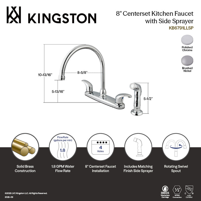 Kingston Tulare KB6791LLSP - Legacy Two-Handle 4-Hole 8" Centerset Kitchen Faucet with Side Sprayer, Polished Chrome