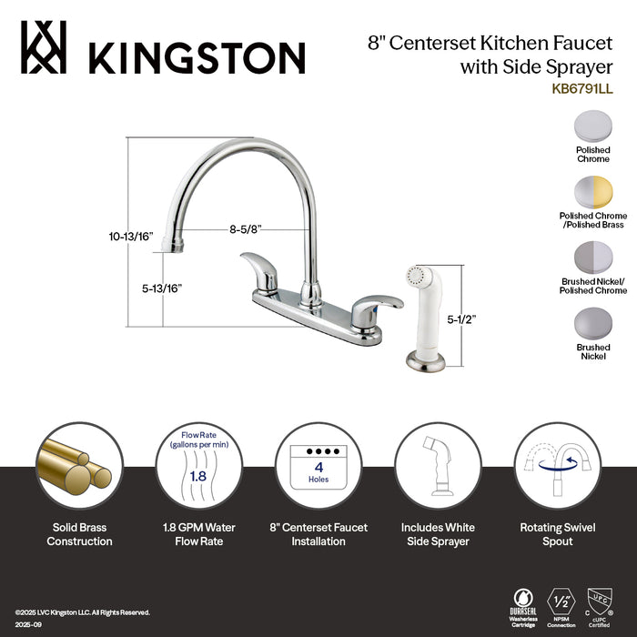 Kingston Tulare KB6794LL - Legacy Two-Handle 4-Hole 8" Centerset Kitchen Faucet with Side Sprayer, Polished Chrome/Polished Brass