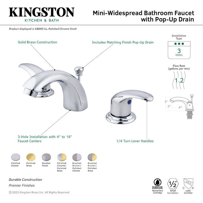 Kingston Tulare KB6959LL - Legacy Two-Handle 3-Hole Deck Mount Mini-Widespread Bathroom Faucet with Pop-Up Drain, Brushed Nickel/Polished Brass