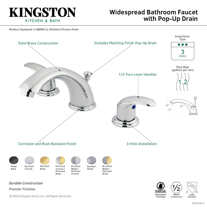 Kingston Tulare KB6961LL - Legacy Two-Handle 3-Hole Deck Mount Widespread Bathroom Faucet with Pop-Up Drain, Polished Chrome