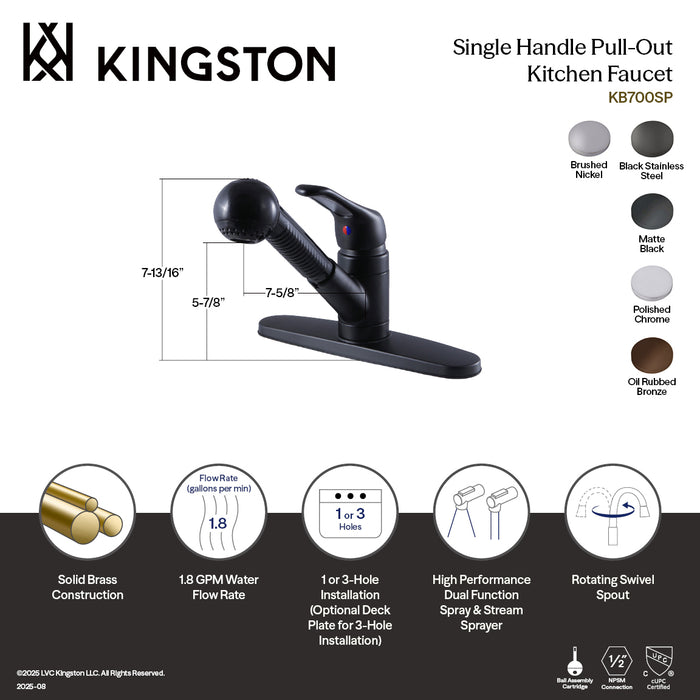 Kingston Tulare KB700SP - Wyndham Single-Handle 1-or-3 Hole Deck Mount Pull-Out Sprayer Kitchen Faucet, Matte Black