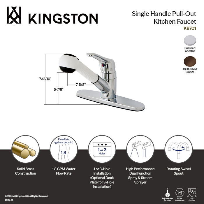 Kingston Tulare KB705 - Wyndham Single-Handle 1-or-3 Hole Deck Mount Pull-Out Sprayer Kitchen Faucet, Oil Rubbed Bronze