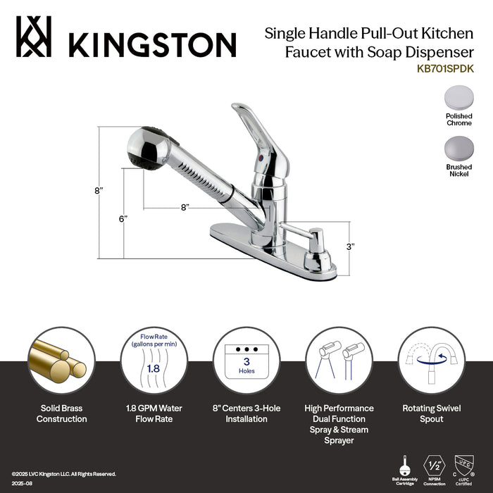 Kingston KB708SPDK Single-Handle 3-Hole Deck Mount Pull-Out Sprayer Kitchen Faucet with Soap Dispenser, Brushed Nickel