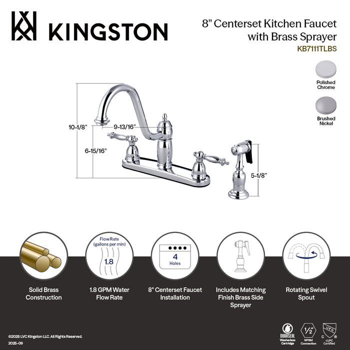 Kingston Heirloom KB7111TLBS - Templeton Two-Handle 4-Hole 8" Centerset Kitchen Faucet with Brass Sprayer, Polished Chrome