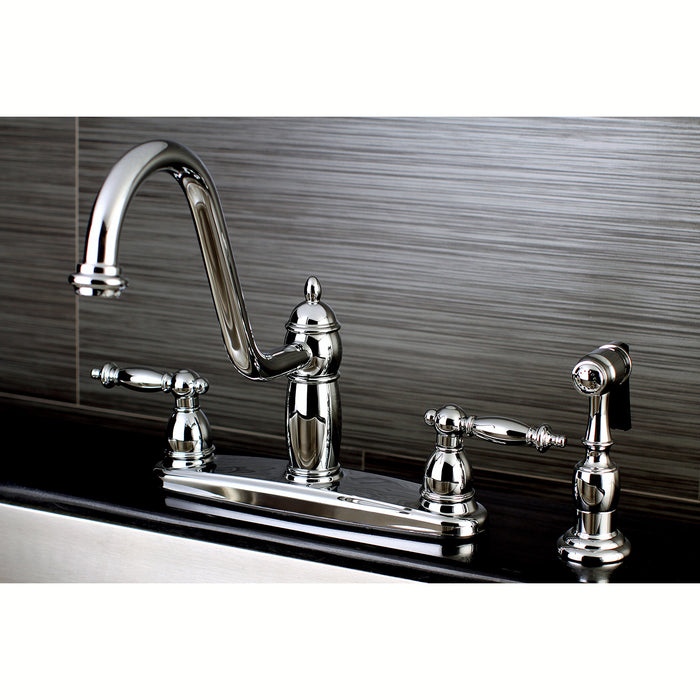 Kingston Heirloom KB7111TLBS - Templeton Two-Handle 4-Hole 8" Centerset Kitchen Faucet with Brass Sprayer, Polished Chrome