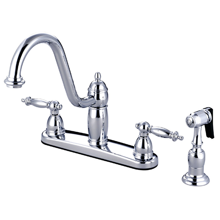 Kingston Heirloom KB7111TLBS - Templeton Two-Handle 4-Hole 8" Centerset Kitchen Faucet with Brass Sprayer, Polished Chrome