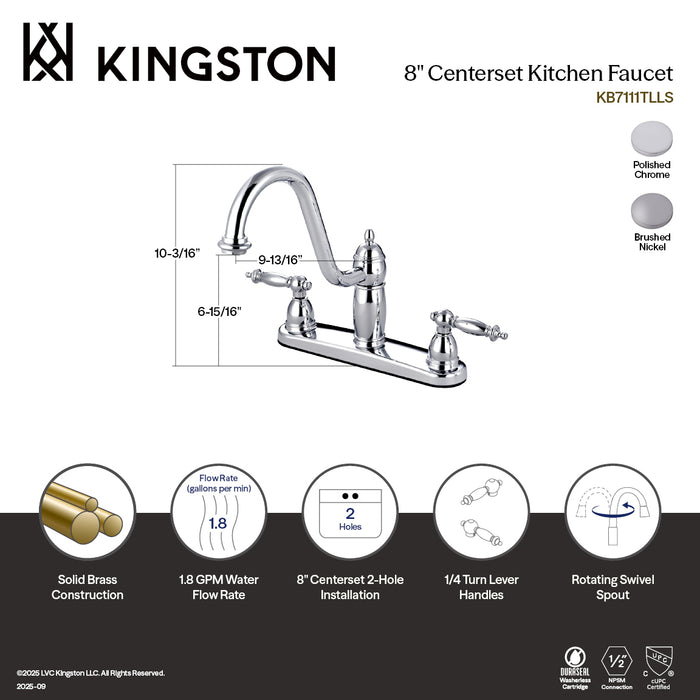 Kingston Heirloom KB7118TLLS - Templeton Two-Handle 2-Hole 8" Centerset Kitchen Faucet, Brushed Nickel