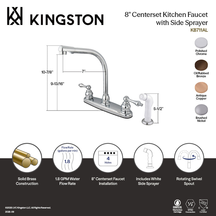 Kingston Tulare KB711AL - Victorian Two-Handle 4-Hole 8" Centerset Kitchen Faucet with Side Sprayer, Polished Chrome