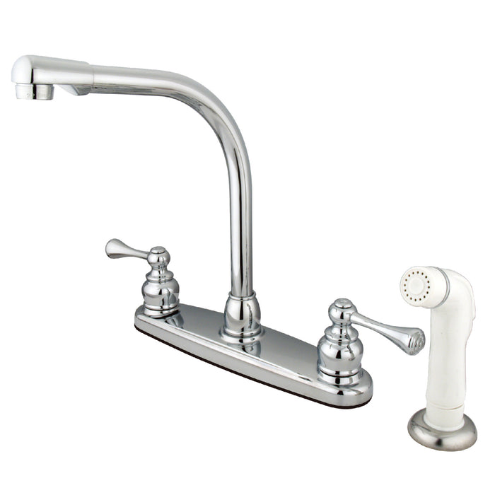 Kingston Tulare KB711BLTwo-Handle 4-Hole 8" Centerset Kitchen Faucet with Side Sprayer, Polished Chrome