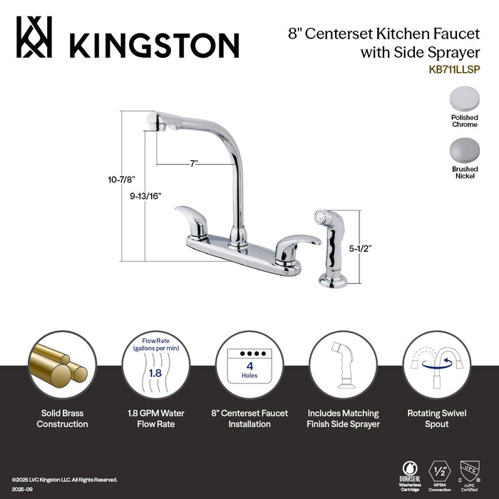 Kingston Tulare KB711LLSPTwo-Handle 4-Hole 8" Centerset Kitchen Faucet with Side Sprayer, Polished Chrome
