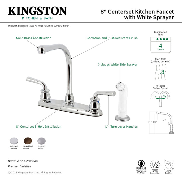 Kingston Tulare KB711RXL - Restoration Two-Handle 4-Hole 8" Centerset Kitchen Faucet with White Side Sprayer, Polished Chrome