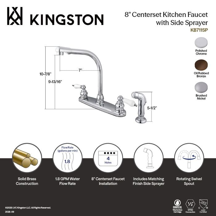 Kingston Tulare KB711SP - Victorian Two-Handle 4-Hole 8" Centerset Kitchen Faucet with Side Sprayer, Polished Chrome