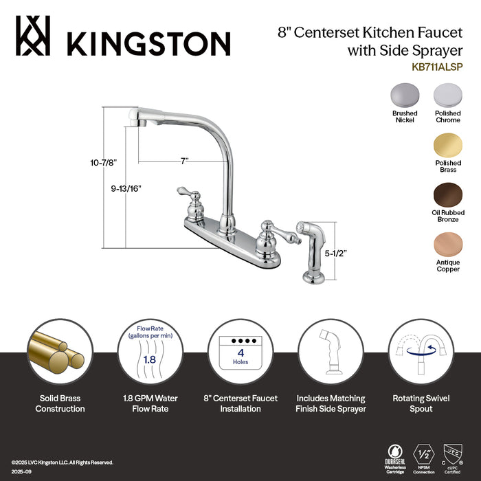 Kingston Tulare KB712ALSP - Victorian Two-Handle 4-Hole 8" Centerset Kitchen Faucet with Side Sprayer, Polished Brass