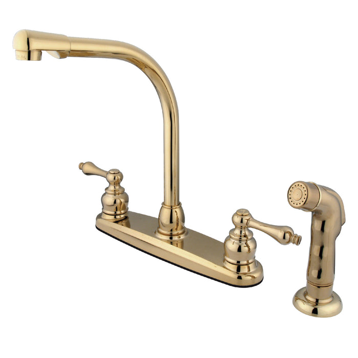 Kingston Tulare KB712ALSP - Victorian Two-Handle 4-Hole 8" Centerset Kitchen Faucet with Side Sprayer, Polished Brass