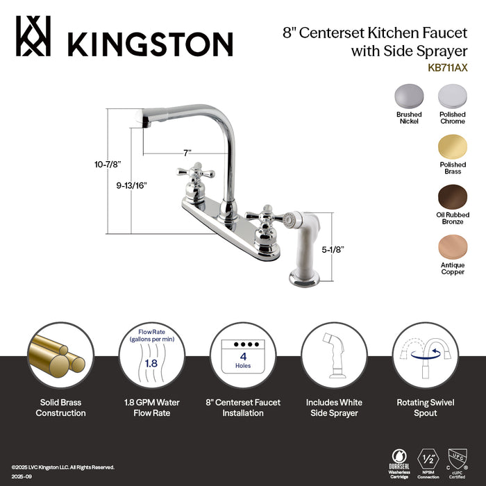 Kingston Tulare KB712AX - Victorian Two-Handle 4-Hole 8" Centerset Kitchen Faucet with Side Sprayer, Polished Brass