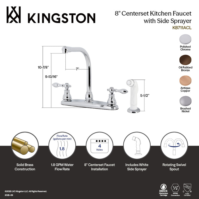 Kingston Tulare KB715ACL - American Classic Two-Handle 4-Hole 8" Centerset Kitchen Faucet with Side Sprayer, Oil Rubbed Bronze