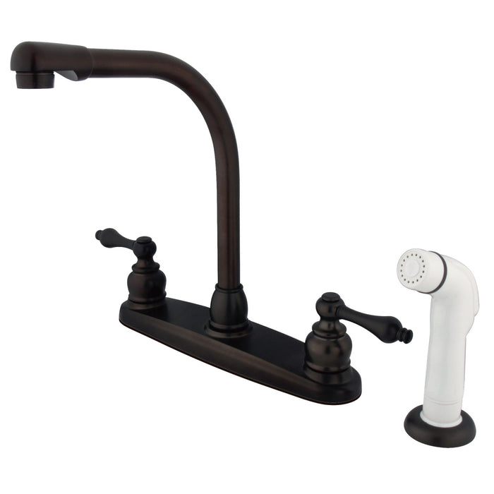 Kingston Tulare KB715AL - Victorian Two-Handle 4-Hole 8" Centerset Kitchen Faucet with Side Sprayer, Oil Rubbed Bronze