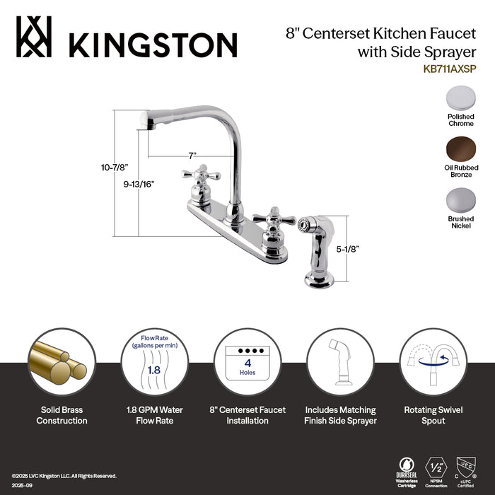 Kingston Tulare KB715AXSP - Victorian Two-Handle 4-Hole 8" Centerset Kitchen Faucet with Side Sprayer, Oil Rubbed Bronze