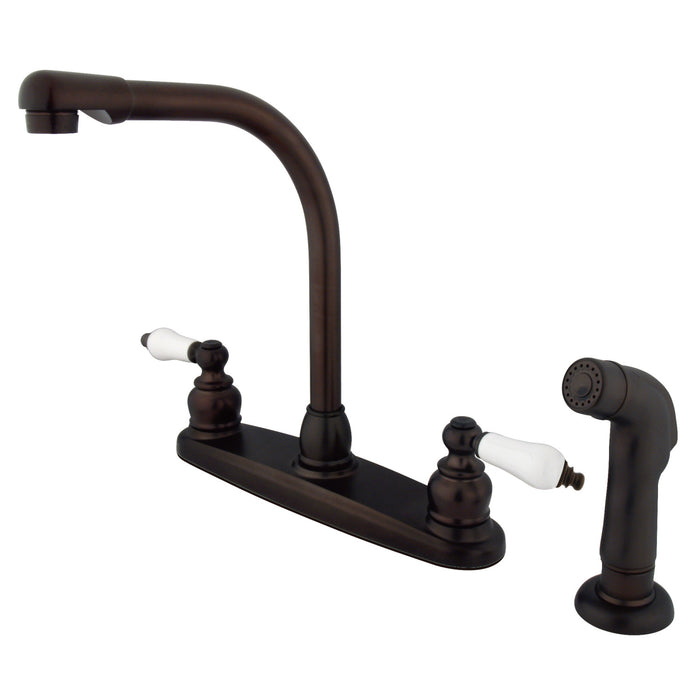Kingston Tulare KB715SP - Victorian Two-Handle 4-Hole 8" Centerset Kitchen Faucet with Side Sprayer, Oil Rubbed Bronze