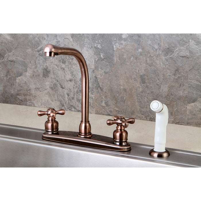 Kingston Tulare KB716AX - Victorian Two-Handle 4-Hole 8" Centerset Kitchen Faucet with Side Sprayer, Antique Copper