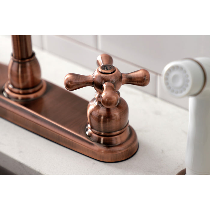 Kingston Tulare KB716AX - Victorian Two-Handle 4-Hole 8" Centerset Kitchen Faucet with Side Sprayer, Antique Copper