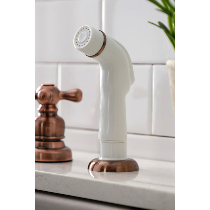 Kingston Tulare KB716AX - Victorian Two-Handle 4-Hole 8" Centerset Kitchen Faucet with Side Sprayer, Antique Copper