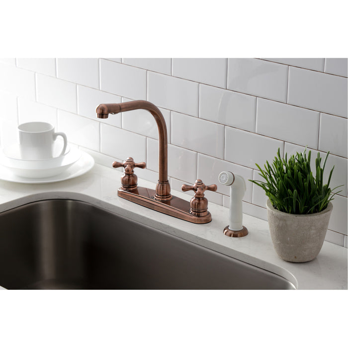 Kingston Tulare KB716AX - Victorian Two-Handle 4-Hole 8" Centerset Kitchen Faucet with Side Sprayer, Antique Copper