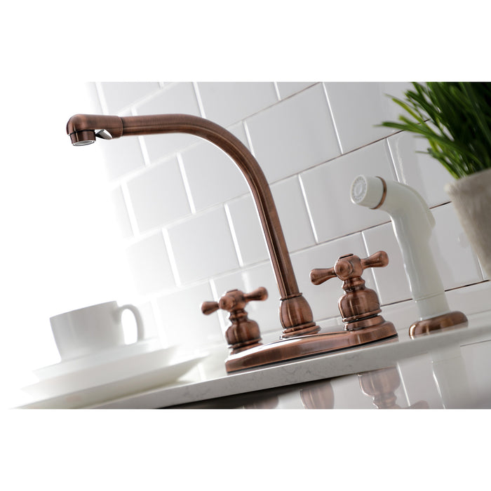 Kingston Tulare KB716AX - Victorian Two-Handle 4-Hole 8" Centerset Kitchen Faucet with Side Sprayer, Antique Copper
