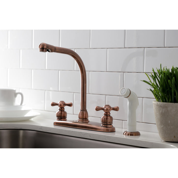 Kingston Tulare KB716AX - Victorian Two-Handle 4-Hole 8" Centerset Kitchen Faucet with Side Sprayer, Antique Copper