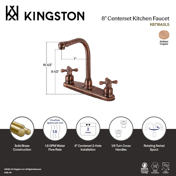 Kingston Victorian KB716AXLS Two-Handle 2-Hole 8" Centerset Kitchen Faucet, Antique Copper
