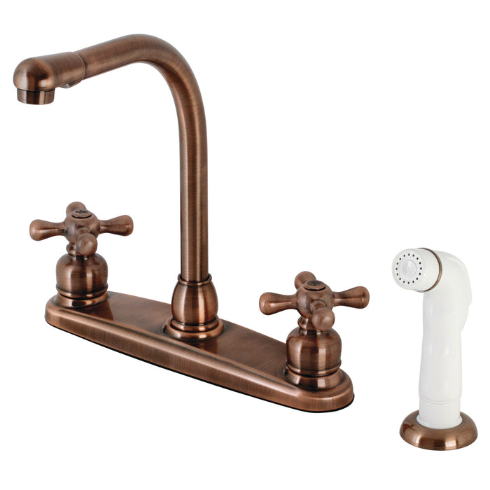 Kingston Tulare KB716AX - Victorian Two-Handle 4-Hole 8" Centerset Kitchen Faucet with Side Sprayer, Antique Copper