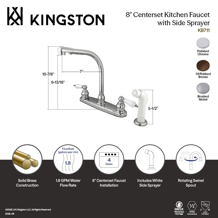 Kingston Tulare KB718 - Victorian Two-Handle 4-Hole 8" Centerset Kitchen Faucet with Side Sprayer, Brushed Nickel