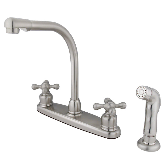 Kingston Tulare KB718AXSP - Victorian Two-Handle 4-Hole 8" Centerset Kitchen Faucet with Side Sprayer, Brushed Nickel