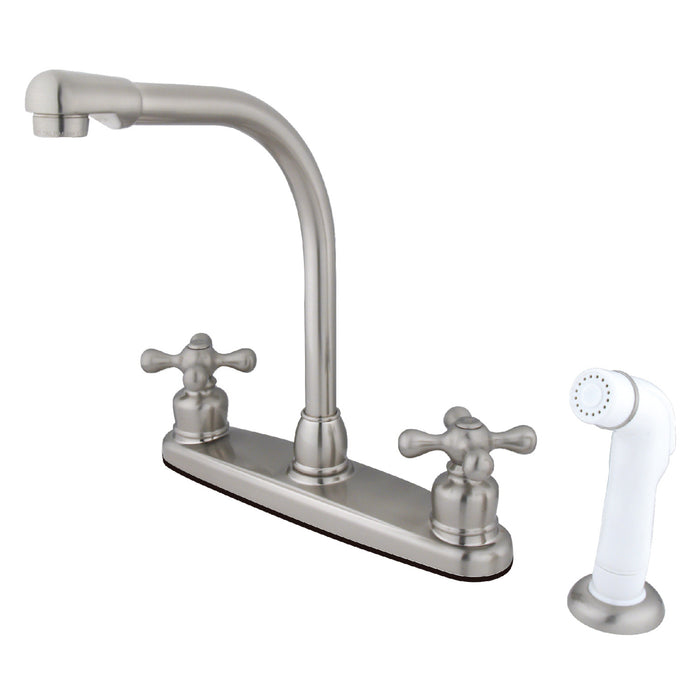 Kingston Tulare KB718AX - Victorian Two-Handle 4-Hole 8" Centerset Kitchen Faucet with Side Sprayer, Brushed Nickel