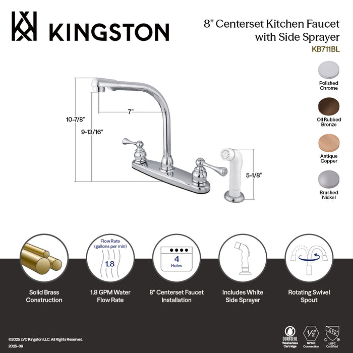 Kingston Tulare KB718BLTwo-Handle 4-Hole 8" Centerset Kitchen Faucet with Side Sprayer, Brushed Nickel