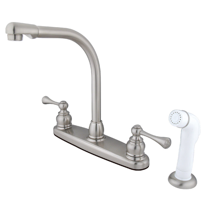 Kingston Tulare KB718BLTwo-Handle 4-Hole 8" Centerset Kitchen Faucet with Side Sprayer, Brushed Nickel