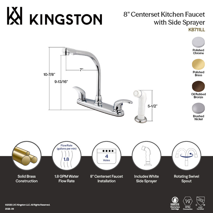 Kingston Tulare KB718LL - Legacy Two-Handle 4-Hole 8" Centerset Kitchen Faucet with Side Sprayer, Brushed Nickel