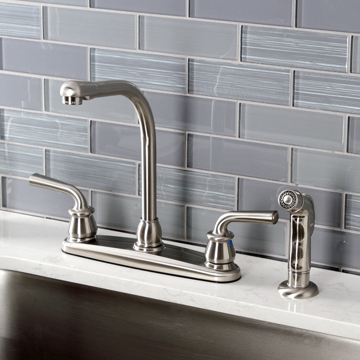 Kingston Tulare KB718RXLSP - Restoration Two-Handle 4-Hole 8" Centerset Kitchen Faucet with Side Sprayer, Brushed Nickel