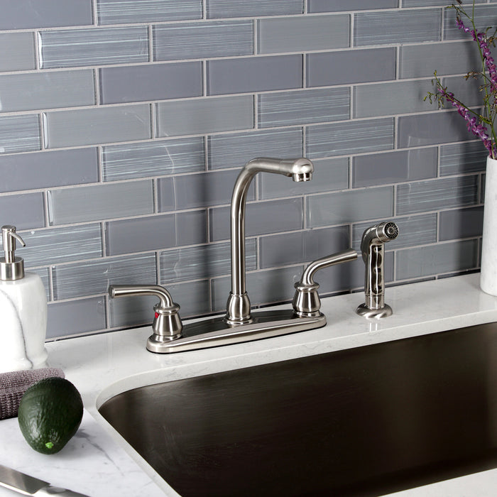 Kingston Tulare KB718RXLSP - Restoration Two-Handle 4-Hole 8" Centerset Kitchen Faucet with Side Sprayer, Brushed Nickel