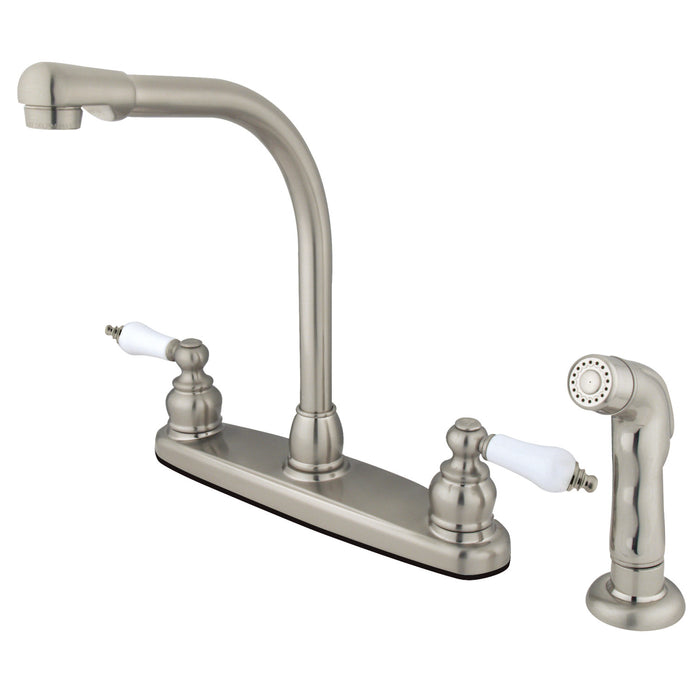 Kingston Tulare KB718SP - Victorian Two-Handle 4-Hole 8" Centerset Kitchen Faucet with Side Sprayer, Brushed Nickel