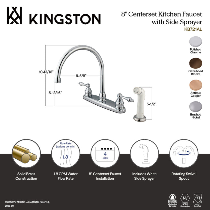 Kingston Heirloom KB721AL - Vintage Two-Handle 4-Hole 8" Centerset Kitchen Faucet with Side Sprayer, Polished Chrome