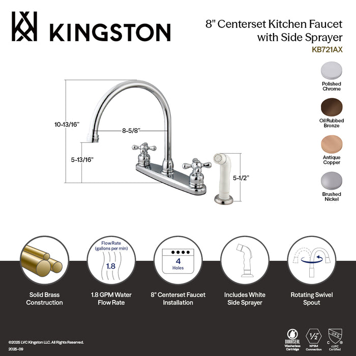Kingston Heirloom KB721AX - Vintage Two-Handle 4-Hole 8" Centerset Kitchen Faucet with Side Sprayer, Polished Chrome