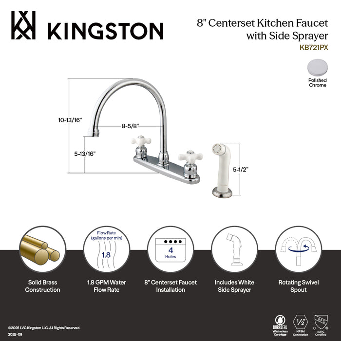 Kingston Heirloom KB721PX - Vintage Two-Handle 4-Hole 8" Centerset Kitchen Faucet with Side Sprayer, Polished Chrome
