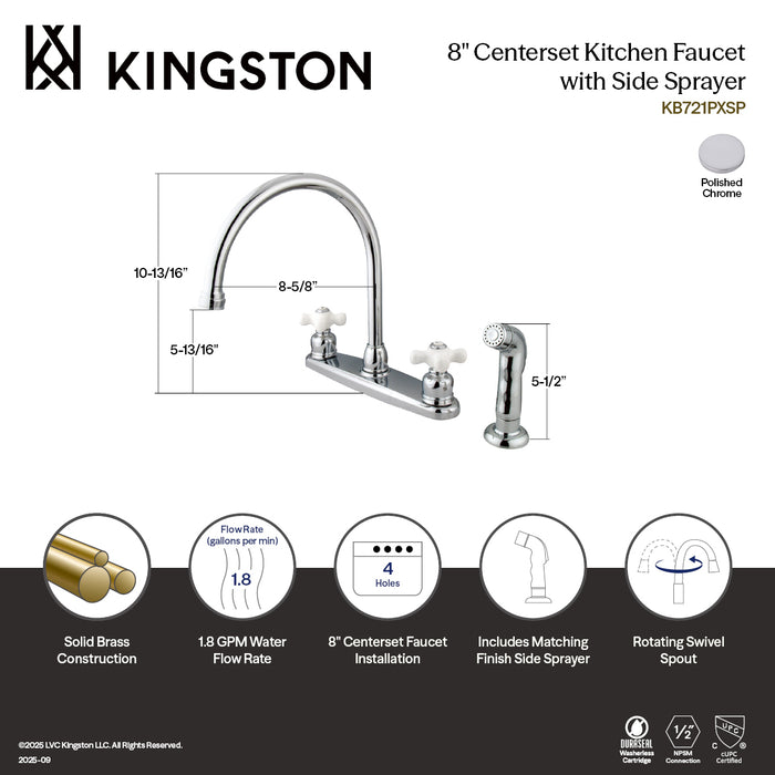 Kingston Heirloom KB721PXSP - Vintage Two-Handle 4-Hole 8" Centerset Kitchen Faucet with Side Sprayer, Polished Chrome