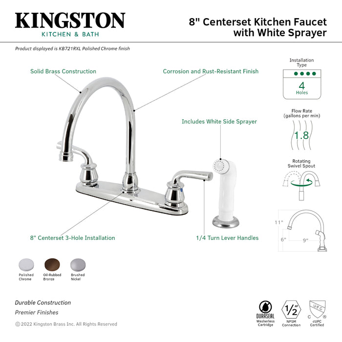 Kingston Tulare KB721RXL - Restoration Two-Handle 4-Hole 8" Centerset Kitchen Faucet with White Side Sprayer, Polished Chrome