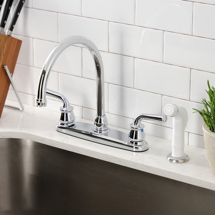 Kingston Tulare KB721RXL - Restoration Two-Handle 4-Hole 8" Centerset Kitchen Faucet with White Side Sprayer, Polished Chrome