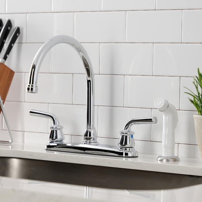 Kingston Tulare KB721RXL - Restoration Two-Handle 4-Hole 8" Centerset Kitchen Faucet with White Side Sprayer, Polished Chrome