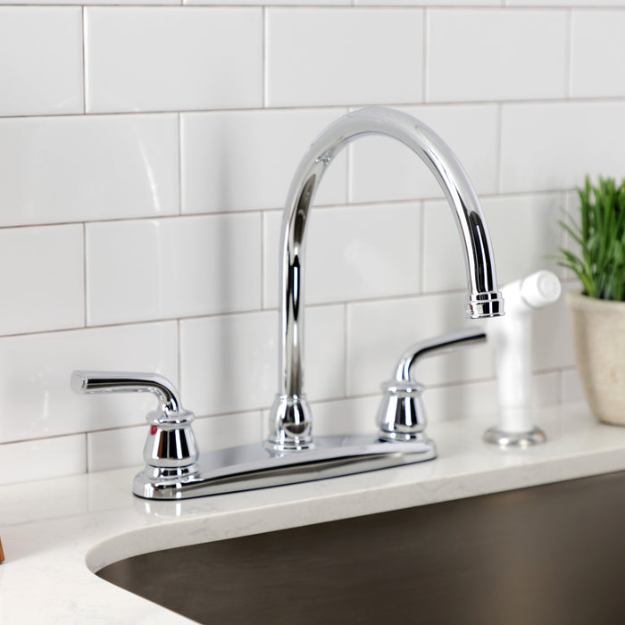 Kingston Tulare KB721RXL - Restoration Two-Handle 4-Hole 8" Centerset Kitchen Faucet with White Side Sprayer, Polished Chrome