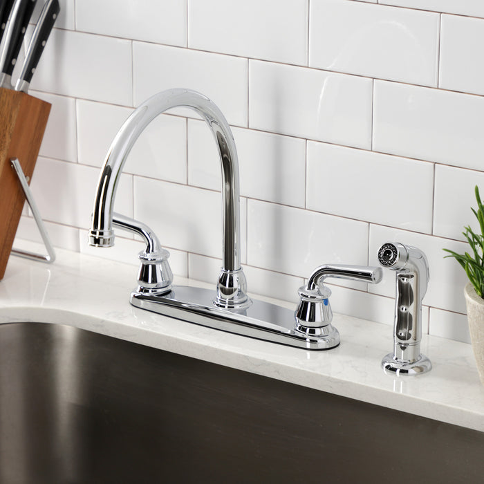 Kingston Tulare KB721RXLSP - Restoration Two-Handle 4-Hole 8" Centerset Kitchen Faucet with Side Sprayer, Polished Chrome
